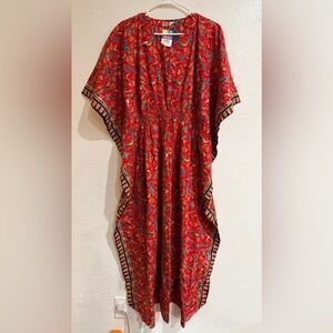 NWT Singapore Exclusive Collection Red Batik Print Caftan Paisley Dress OS